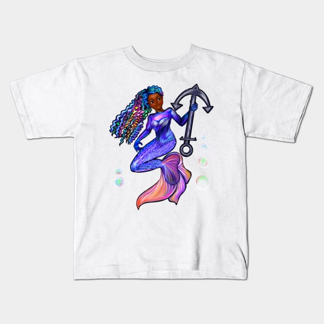 Mermaid and anchor, mermaid with brown eyes, Curly rainbow hair,brown skin - light background Kids T-Shirt by Artonmytee